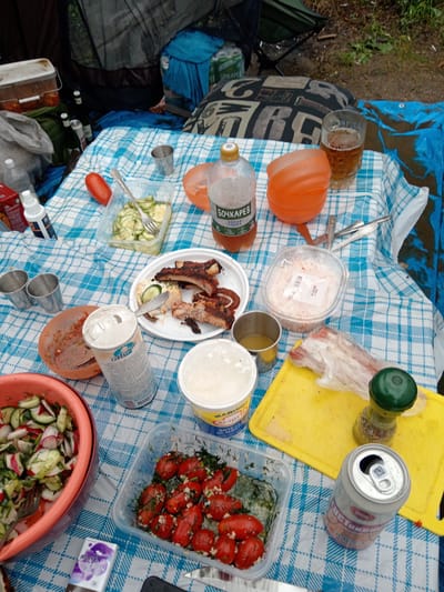 An outdoor picnic is set up on a blue and white checkered tablecloth, with food and drinks spread out. The scene appears to be in the city of Vasil'evka, Russia, as indicated by the text on some of the items.
In the center of the image, a plate of barbecued ribs is visible, along with a container of sliced cucumbers and dill, and a clear plastic container filled with cherry tomatoes and herbs. To the left, a large orange bowl holds a salad of radishes, cucumbers, and dill. Next to the salad is a can of what appears to be seasoning.
Several beverages are present, including a bottle of "Bochkarev" brand beer, a glass of beer, and an open can of soda. An orange collapsible cup and a white container with a blue label are also on the table.
In the background, a tent and camping chairs are visible, suggesting a campsite or an outdoor recreational area. The ground is covered with dirt and some vegetation. The overall impression is of a casual meal enjoyed in an outdoor setting.