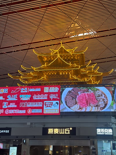 This image captures a nighttime street scene in Shunyi District, China, dominated by bright neon lights and a large digital billboard. The billboard displays an advertisement for a restaurant, featuring a close-up of a steaming bowl of pho with thinly sliced raw beef and other ingredients. Surrounding the pho image are smaller icons and text, including what appears to be an advertisement for KFC and other food establishments.

To the left of the billboard, a striking golden structure, possibly a sculpture or architectural detail, is illuminated by yellow neon lights, creating an intricate, almost crystalline pattern against the dark background. The building facade behind the neon structure is covered in vertical wooden slats, adding a textured element to the scene.

Further to the right, a vertical sign reads "货币兑换 CURRENCY EXCHANGE" in white text on a dark background, indicating a currency exchange service. Below this, another sign, "原麦山丘Ⓡ", is visible in illuminated yellow characters, suggesting a bakery or food-related business. The overall atmosphere is lively and commercial, typical of a bustling urban environment at night. The lighting suggests it is evening or night, and there are no clear indications of weather conditions.