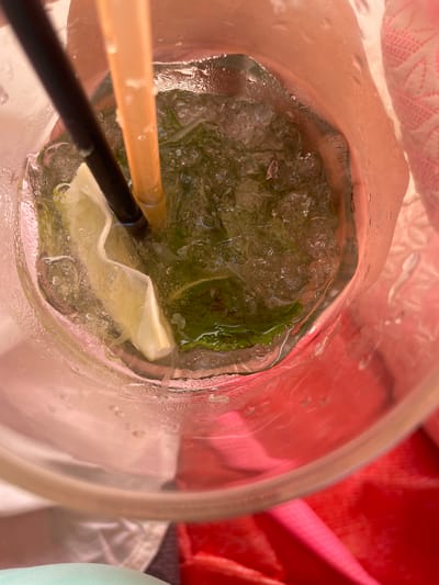 This is a close-up, overhead shot of a tall glass filled with ice, liquid, mint leaves, and a lime wedge. Two straws, one black and one tan, are inserted into the glass. The glass is sweating, with condensation visible on its exterior. The background is out of focus, showing hints of red and pink fabric. The scene appears to be outdoors, given the lighting and condensation. There is no indication of a specific location within the city of Zazymia, Ukraine.