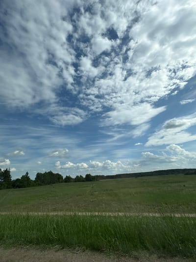 The image depicts a rural landscape in Голацкі сельскі Савет, Belarus. A wide, open field stretches across the frame, bordered by a dense line of trees along the horizon. The sky is predominantly blue, filled with scattered, wispy clouds. A dirt path runs along the right edge of the field. No people or animals are visible.
