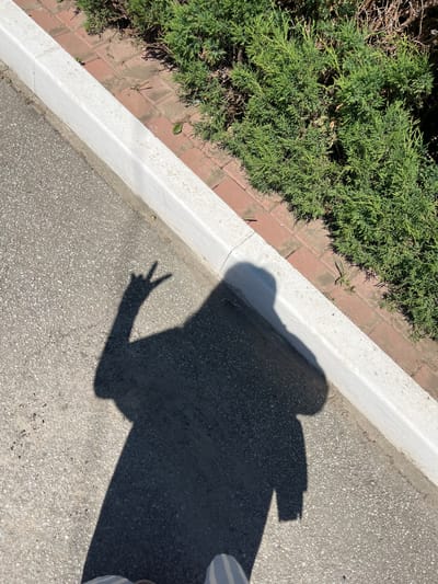 This media file is a top-down shot of a shadow on a paved surface. The shadow is of a person, identifiable by the shape of a head and shoulders, as well as an arm extended with two fingers forming a peace sign. A portion of the person's leg is also visible as a shadow on the right side of the frame, with vertical stripes suggesting clothing.

The scene includes a white concrete border running diagonally across the frame, separating the paved area from a brick pathway. To the left of the brick pathway, there is a lush green bush, possibly a juniper, with some dry, brown branches visible within it. The ground is an asphalt-like texture with small, light-colored aggregate.

The lighting indicates it is daytime, with a strong light source casting sharp shadows, suggesting a sunny day. The overall setting appears to be an outdoor area, possibly a park, garden, or sidewalk adjacent to a green space. There is no visible text in the image. The gesture of the peace sign and the sunny outdoor setting might imply a feeling of cheerfulness or casualness. The location context provided is Chahor, Ukraine.