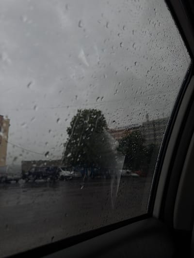 A cloudy, rainy day is depicted through a car window, with raindrops obscuring the view. In the background, a street is visible, lined with parked vehicles and buildings. A large tree with dark green foliage stands prominently in the middle ground. The image conveys a somber and dreary atmosphere, typical of rainy weather. The location appears to be Colonita, Moldova, as indicated by the context.