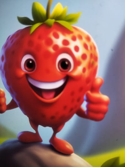 A cartoon strawberry character stands on a grey rock. The strawberry has a face with large eyes, a wide smile, and red seeds. It is wearing green leaves on its head and has two arms and two legs. One arm is raised, giving a thumbs-up. The background is a blurred blue and green landscape. The image does not contain any information that can be used to determine its location in Grinăuți, Moldova.