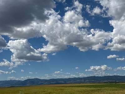 A wide shot captures a landscape under a dynamic sky. The foreground is dominated by a field of golden-brown grass, suggesting a dry harvest season. Beyond this, a strip of green crops is visible, contrasting with the dry grass. In the background, a range of dark, undulating mountains stretches across the horizon. The sky is a prominent feature, filled with a mixture of dark, heavy clouds and bright, fluffy white cumulus clouds, interspersed with patches of clear blue sky. The overall impression is of a vast, open rural environment, likely in the vicinity of Veselinovo, Bulgaria, experiencing varied weather conditions. There are no people or discernable human activity in the image.