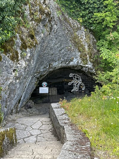 The image depicts a dark, cave-like entrance secured by a metal gate in Raianovtsi, Bulgaria. A wire sculpture of a leaping animal, possibly a deer, is affixed to the gate. A sign with a circular emblem and accompanying document are also attached. The entrance is set into a rocky, moss-covered hillside, partially obscured by vegetation. A stone pathway leads to the gate. The scene appears to be outdoors. No people are visible.