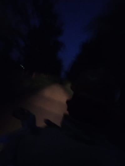The image captures a very dark, low-light scene, likely taken at night or during deep twilight. The upper portion of the frame reveals a deep, dark blue sky, indicating the time of day. Large, dark, silhouetted shapes consistent with trees or dense foliage frame the view on both the left and right sides.

In the foreground, there appear to be two individuals, heavily obscured by shadow. On the right side of the image, the distinct profile of a person's head and shoulder is visible, rendered almost entirely in silhouette. On the left, another dark, less defined shape suggests a second person or part of their body, possibly an arm or hand. These figures are indistinct due to the lack of light and some motion blur.

Between the figures and extending into the midground is a faintly illuminated, reddish-brown area, which appears to be a path or unpaved road. This area is slightly lighter than the surrounding darkness, suggesting it might be reflecting a distant light source or ambient light.

The scene depicts an outdoor setting, possibly in a rural or semi-rural area, aligning with the Mururi, Kenya context. No specific activity can be clearly identified, but the subjects appear to be outdoors on a path at night. There is no visible text in the image.