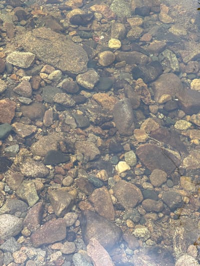 The image shows a close-up view of the rocky bottom of a body of water. The rocks are of various sizes, shapes, and colors, ranging from small pebbles to larger stones, with tones of gray, brown, and tan dominating. Some rocks appear smooth and rounded, suggesting erosion from water flow, while others have rougher textures. The water is clear, allowing the details of the submerged rocks to be visible. The overall scene is natural and unadorned, with no signs of human activity or infrastructure. The location is specified as Murtygit, Russia, implying a natural setting within that region.