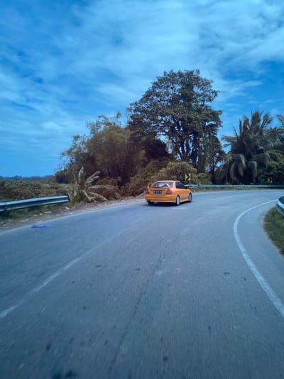 A yellow sedan is turning on a paved road in Aluepiet, Indonesia. The car, with license plate BL 1219 ZK, is seen from the rear left. The road curves to the right. On the left side of the road, there is a metal guardrail and vegetation including bamboo and what appears to be a banana plant. On the right side of the road, there are palm trees and a yellow directional sign. The sky above is blue with wispy clouds, and the overall lighting suggests it is either early morning or late afternoon.