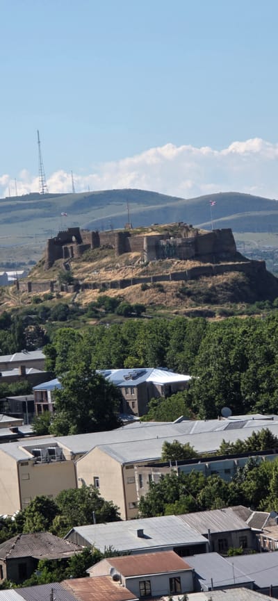 The image, taken from a high vantage point in Gori, Georgia, depicts a panoramic view of a historical fortress situated on a steep, dry, grassy hill. The fortress walls, constructed of stone, are partially crumbled and weathered, indicating age. A flag flies from a flagpole near the fortress. The scene is bathed in bright daylight, suggesting a sunny day.

Below and to the right of the fortress, a cluster of buildings with a variety of rooflines and architectural styles is visible, nestled amongst lush green trees. The roofs are made of different materials, including metal and what appears to be shingles. Some buildings have multiple stories and visible windows. The overall setting combines historical architecture with more modern urban development.

In the distance, rolling hills covered in green vegetation can be seen, and the sky is a clear, pale blue with a few white clouds on the right side. There are also industrial-looking structures, possibly cranes or towers, visible in the far left and center-left of the image, hinting at ongoing construction or infrastructure. No people are discernible in the image, and no text is visible. The overall impression is one of a historic and scenic location with a blend of old and new.