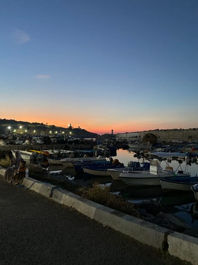 The image depicts a harbor scene at dusk in Tipaza, Algeria. The sky is a gradient of deep blue to orange and pink, indicating sunset. Numerous fishing boats are docked in the calm water, their reflections visible. In the background, a hill is illuminated by artificial lights, with a lighthouse visible on the crest. The foreground shows a paved walkway and a concrete barrier, with two people sitting on the left. The overall atmosphere is tranquil and serene.