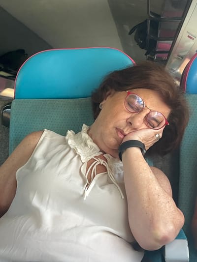 A woman with brown hair is sleeping on a bus. She is wearing a white sleeveless blouse, red-rimmed glasses, and a black watch on her left wrist. Her head rests on her left hand. She is sitting in a blue and green bus seat, with a pink stripe at the top. The bus interior is gray and the seat is covered in a green patterned fabric. The bus is located in Eckartswiller, France at coordinates (latitude: 48.769, longitude: 7.316).