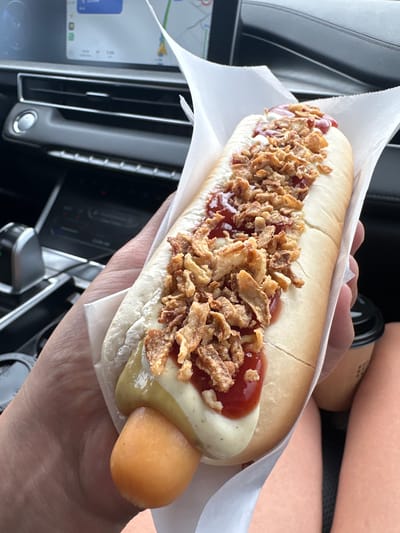 A person's hand holds a hot dog topped with ketchup, mayonnaise, mustard, and crispy fried onions. The hot dog is in a bun and wrapped in white paper. The background shows the interior of a car, with a dashboard and a navigation screen visible. The person is wearing a watch on their left wrist. A cup of coffee is visible to the right of the hot dog. The scene appears to be set in Maryanskaya, Russia.