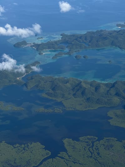 The image shows an aerial view of a coastal area with numerous islands and waterways, likely located near Del Carmen, Philippines. Dense vegetation, primarily consisting of mangrove forests, covers many of the islands. The water varies in color, ranging from clear turquoise near the coast to deeper blues in the open sea. Some structures and small settlements are visible on a few of the islands, suggesting human habitation. A few white clouds are visible, some near the horizon and others dotted in the sky.