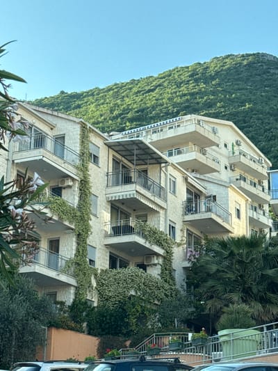 The image presents a multi-story building in what is presumed to be Nerin, Montenegro, based on the prompt. The architectural style is modern, featuring balconies with metal railings. The facade is light-colored, possibly stone or stucco, and is partially covered with climbing vegetation, suggesting a deliberate integration of nature into the structure. The building appears to be residential. There are no people visible in the scene. A heavily forested hillside forms the backdrop on one side. The foreground includes partial views of foliage, indicating the presence of landscaping around the building. The sky is clear and blue. A portion of a vehicle is visible in the right of the frame.
