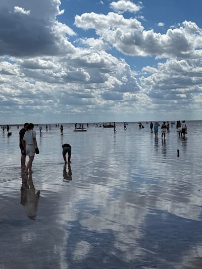 In Bursol', Russia, a shallow, reflective body of water, likely a salt lake, draws numerous visitors on a cloudy day. The sky above is filled with dramatic, voluminous clouds, some dark and heavy, others bright and white, creating a dynamic contrast against the blue sky. These clouds are mirrored in the placid surface of the water, creating a visually stunning effect.
People are scattered across the scene, wading in the water, some in small groups, others individually. Their reflections are visible on the water's surface, adding to the ethereal quality of the image. In the foreground, a trio of individuals stands close together, their legs submerged in the shallow water. To their right, another person is bent over, seemingly examining something in the water. Further in the distance, more figures are visible, engaged in various activities such as walking, standing, or interacting with each other. The overall impression is one of a popular recreational spot, where people come to experience the unique environment of the salt lake.