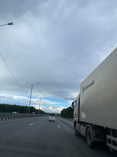 A daytime roadside view in Бавыкино, Russia, displays a multi-lane highway under an overcast sky. A white Grünwald truck is visible on the right, partially obscuring the view. Other vehicles are traveling in the distance. Streetlights line the highway. The shoulder of the road is visible to the left.