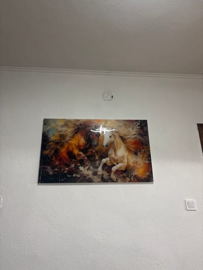 An abstract painting of two horses, one brown and one white, is mounted on a white wall above a white baseboard. The horses are depicted in motion, with their manes and tails flowing dramatically. The background of the painting is a swirl of colors, including orange, yellow, and black, suggesting an energetic and dynamic scene. To the right of the painting, a white light switch is visible on the wall. The ceiling above the painting is also white and appears textured. This scene is located in a room in Momchilovtsi, Bulgaria.