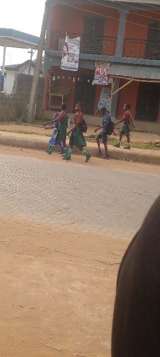 Four children, seemingly in school uniforms of green and blue, walk along a dirt road beside a building with orange facade and posters. Each child carries a backpack. The road appears to be the only thoroughfare in this area. The foreground is filled with a large brown blur. The image orientation is diagonal, suggesting it was taken from a tilted angle. The setting conveys a sense of rural or less-developed area.