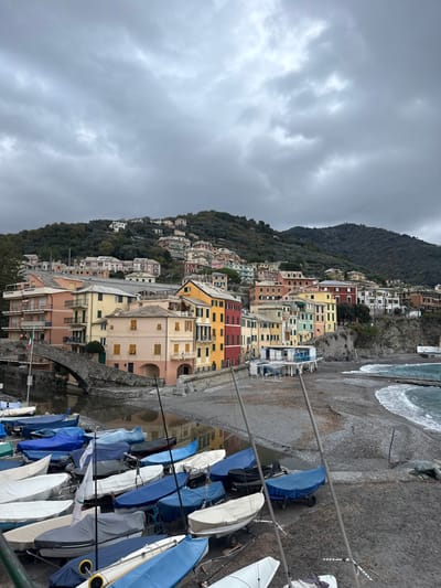 This image depicts a coastal scene in Bogliasco, Italy, under an overcast sky. The foreground features approximately two dozen small to medium-sized boats, dry-docked on a rocky beach. Most boats are covered with blue or white tarpaulins, and several boat masts are visible, indicating sailing vessels. Some boats are resting on trailers.
In the midground, a historic stone arch bridge spans a narrow inlet or small river that empties into the sea. Adjacent to the bridge and lining the waterfront are numerous multi-story buildings, painted in various pastel colors including yellow, orange, red, pink, and light blue. An Italian flag is affixed to a pole near the bridge.
The background is dominated by steep, densely forested hillsides, which are densely populated with more multi-story residential structures extending upwards from the town. To the right, a pebbly beach meets the sea, where moderate waves are visible. No individuals are present in the frame. The overall impression is of a quiet, picturesque coastal town on a cloudy day.