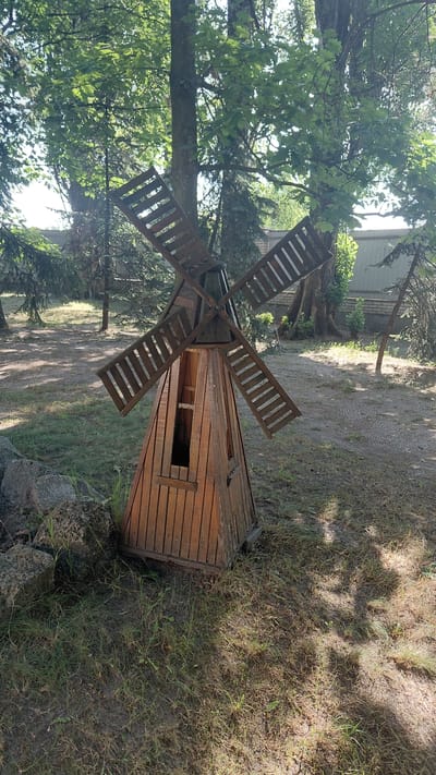 A wooden windmill decoration sits in a grassy area with trees and shadows in the background. The windmill is small and appears to be homemade, with four wooden blades. It is positioned on the ground and surrounded by dry grass and some rocks on the left side. The scene is outdoors and appears to be in a park or yard. The image's metadata indicates it was taken in Borodianka, Ukraine.