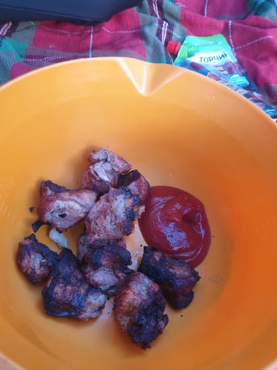 In a bright orange bowl, several pieces of grilled meat are arranged alongside a dollop of red sauce, likely ketchup. The meat appears to be pork or chicken skewers, with some pieces charred at the edges, indicating they were cooked over an open flame. The scene is set outdoors, with a red and green plaid blanket visible in the background, suggesting a picnic or outdoor gathering. A partially visible pouch of "ТОРЧИН" brand sauce is also present on the blanket. The overall impression is one of a simple, casual meal enjoyed in an outdoor setting. The specific location within the city of Obukhiv, Ukraine, cannot be determined from the visual information provided.