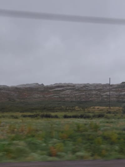 An overcast, cloudy sky dominates the upper portion of the image, with a faint dark horizontal line across it, possibly an electrical wire or a shadow. Below the sky, a rugged, rocky landscape stretches across the horizon, appearing barren and sparsely vegetated with patches of muted brown and green. A single, tall, dark pole stands vertically in the middle-right section of the image, positioned against the backdrop of the rocky terrain. The foreground consists of a blurred field of green grass and vegetation, indicating motion within the shot. The scene appears to be an outdoor, natural environment, likely in a rural or undeveloped area. Based on the provided context, this scene is located in Аршалы ауылдық округі, Kazakhstan.