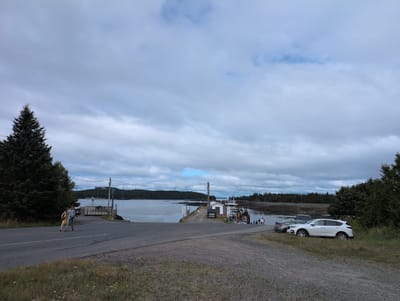 The image depicts a ferry terminal scene in Saint George Parish, Canada, under a cloudy sky. In the foreground, a gravel road curves towards a paved ramp leading down to the water. Two individuals, a person in a yellow dress and another in a gray shirt, are walking on the paved road. To the left, a large evergreen tree stands prominently.

The ferry terminal itself is visible in the mid-ground, featuring a small white building with a sign that reads "FERRY TRANSPORT". A ferry is docked, and several people are gathered on the dock. Beyond the terminal, the water stretches towards a tree-lined shoreline, with a few small islands scattered in the distance. Several cars are parked on the right side of the image, including a white SUV and a dark gray car. The environment is characterized by a mix of paved surfaces, gravel, grass, and vegetation, with the water body and forested shores forming the backdrop.