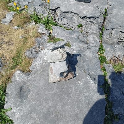 The image shows a cairn of stones stacked on top of a flat, grey rock surface. The cairn consists of at least four stones, with the largest at the bottom and progressively smaller stones stacked on top. The stones are irregular in shape and appear to be made of limestone. Green vegetation, including grass and ivy, grows in patches around and between the rocks. In the background, more rugged, grey rock formations are visible, with some dry, yellowish grass. Yellow flowers are also present, growing amongst the rocks and grass. A shadow of a person is cast on the right side of the image. The scene is likely outdoors, in a natural, rocky environment, consistent with locations such as the Burren region in County Clare, Ireland, which is known for its karst landscape and stone formations. There is no indication of the city of Seershin, Ireland in the image.