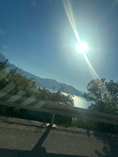 The image depicts a scenic view of a sun-drenched landscape, likely from the perspective of someone in a vehicle. The sun, positioned in the upper left quadrant, is intensely bright, casting a strong glare and creating visible light flares that extend across the sky. The sky is a clear, bright blue, indicative of a sunny day.

In the foreground, to the right, is a portion of an asphalt road and a metal guardrail. The guardrail runs diagonally across the frame, separating the road from the view beyond. The road surface appears textured and dark, with shadows cast upon it, suggesting the sun is high in the sky.

Beyond the guardrail and road, a body of water, likely a lake or sea, shimmers under the sunlight. In the distance, a mountain range or large hills form a silhouette against the bright sky and water. Lush green foliage, consisting of trees and bushes, frames the view, with some trees appearing closer to the foreground and others further back, partially obscuring the mountains.

The overall impression is one of a bright, clear day, possibly late morning or early afternoon given the sun's position and the quality of light. The scene evokes a sense of travel and the beauty of a coastal or mountainous region. The location context provided, Provodina, Montenegro, suggests a Mediterranean or Balkan setting, consistent with the visual cues of mountains, water, and vegetation. No people or text are visible in the image.