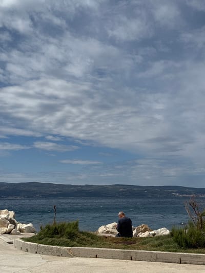 The image shows a man sitting on a rock by the sea in Dugi Rat, Croatia. The man is wearing a dark blue shirt. He is facing the sea and is looking down at his phone. The sea is choppy and the sky is partly cloudy. There are large rocks and green bushes in the foreground. The scene is located on a small coastal path along the Adriatic Sea. There is a concrete pathway and a concrete wall behind the man. There are mountains in the distance. The scene appears to be peaceful and tranquil.