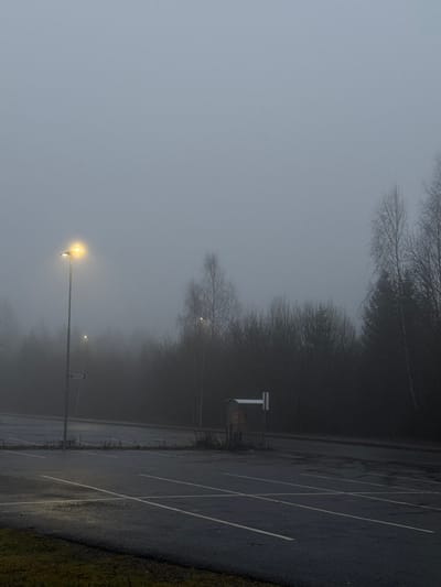 A parking lot shrouded in thick fog is partially visible. Bright streetlights glow faintly amidst the heavy mist, illuminating the edges of parked cars and the outlines of trees in the background. The parking spaces are marked with white lines, and patches of greenery are visible at the edges of the pavement. The fog obscures much of the scene, creating an atmosphere of mystery.