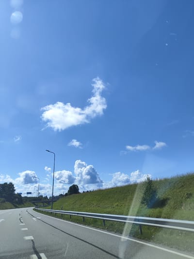The image depicts a clear blue sky with scattered white clouds, taken from the perspective of a vehicle traveling on a paved road. The road has white lane markings and a metal guardrail runs along the right side, separating the road from a grassy embankment. There are streetlights visible along the road. The embankment is covered in green grass and some scattered trees. In the distance, there are more trees and a bridge-like structure. The scene appears to be located in a rural or suburban area, possibly on the outskirts of a city.