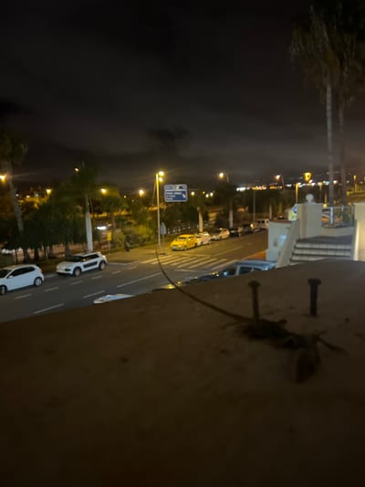 This image depicts a nighttime street scene in Miraverde, Spain. The foreground is dominated by a textured, brown surface, possibly a wall or ledge, on which two dark, thin posts are visible. To the right of these posts, a dark, elongated creature, likely a reptile such as a lizard, is present. Beyond this foreground element, a street is illuminated by streetlights and ambient light from buildings. Several cars are parked and driving on the road. White cars are prominent, with one parked and another in motion. Yellow cars are also visible, and a light-colored van is further down the street. Palm trees are scattered along the roadside, their fronds silhouetted against the dark night sky. A white building with a stairway leading up to it is visible on the right side of the image. A blue traffic sign with white lettering is mounted on a pole near the street. The overall atmosphere is that of a quiet urban environment at night.