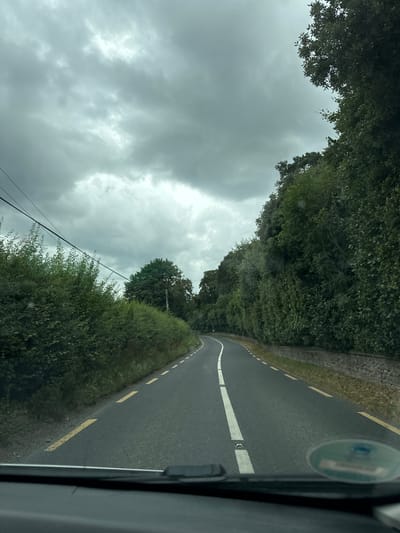 The image depicts a view from a vehicle on a paved road, likely Eyrefield Road, Ireland, with overcast skies. The road has a solid white line down the center and dashed yellow lines along the edges. Lush green trees and bushes line both sides of the road, with some vegetation growing on a low stone wall to the right. Electrical wires are visible in the upper left portion of the image. The overall atmosphere is subdued due to the cloudy weather.