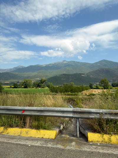 The image depicts a scenic view of a rural landscape, likely in or around the village of Karavangelis, Greece. In the foreground, a weathered metal guardrail with a bright yellow concrete barrier runs horizontally across the lower portion of the frame. This barrier is overgrown with dry grasses and wildflowers, indicating a natural, untamed environment. Beyond the guardrail, a field of green crops stretches towards a distant line of rolling, tree-covered mountains under a sky dotted with white clouds. The fields are interspersed with clusters of trees, and in the middle ground, several round hay bales are visible in a harvested field. The overall impression is one of natural beauty and agricultural activity.