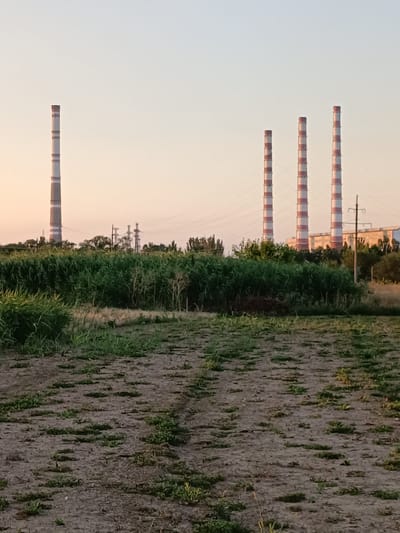 The image shows a landscape scene with a power plant in the background and a field in the foreground. The power plant features four tall smokestacks, alternating in red and white stripes, and a low-rise industrial building. In the middle ground, there is a dense line of green foliage, likely trees and bushes. The foreground consists of a dry, sparsely vegetated field with patches of green grass and some tire tracks visible on the dirt. The sky is a pale, clear gradient, suggesting either sunrise or sunset. The overall setting appears to be rural. The location is identified as Nezavertaylovka, Moldova. There are no people visible in the image.