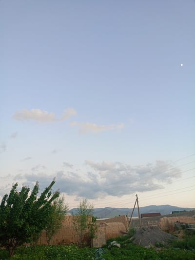 The image depicts a rural landscape at dusk, likely in Panjakent, Tajikistan. The sky is a pale blue with scattered, wispy clouds and a crescent moon is visible in the upper right quadrant. The foreground features lush green vegetation, including a large, leafy tree on the left and a smaller tree to its right. Behind the trees, there are structures made of mud brick, typical of rural architecture. These structures appear to be walls or the lower parts of buildings. In the middle ground, a wooden utility pole stands prominently, supporting power lines that stretch across the frame. A pile of dark soil sits at the base of the pole. Further in the background, a range of low, hazy mountains forms the horizon. The overall scene suggests a peaceful, tranquil evening in a village setting. There is no visible text in the image.