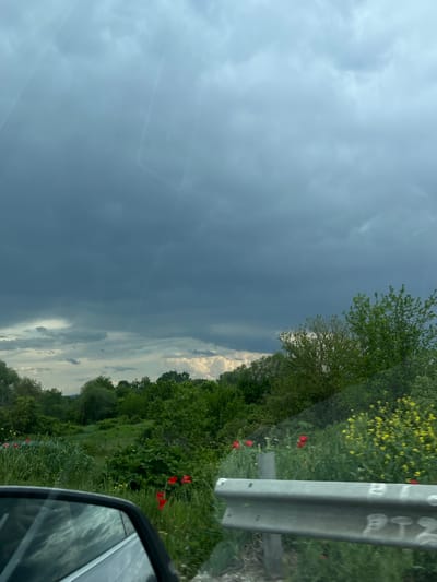 The image shows a roadside view, likely taken from inside a vehicle. The sky is predominantly a dark, stormy gray, suggesting inclement weather. Patches of lighter, cloudier sky are visible along the horizon. The roadside is lined with vegetation, including trees, bushes, and flowering plants. Red poppies are scattered among the greenery. A gray metal guardrail is positioned along the roadside. Part of a car's side mirror is visible in the lower right corner, and reflections can be seen on the car window. It is not possible to confirm that the image was taken in the city of Malchika, Bulgaria. There are no people visible in the image.