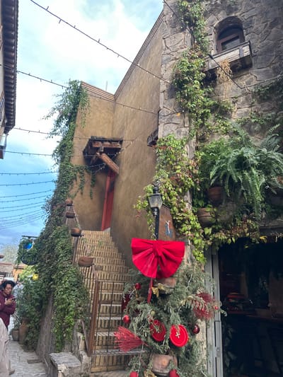 An old building facade is adorned with lush greenery and holiday decorations. A large red bow is prominently displayed near a vintage lamppost, adjacent to a staircase. Garlands of pine needles, red ornaments, and decorative buttons add to the festive atmosphere. The stone building is partially covered in climbing plants, complementing the hanging pots and ferns. String lights are suspended overhead, casting a soft glow on the scene below.