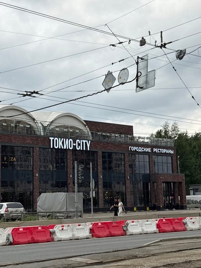 This is a medium shot, eye-level, outdoor photograph taken in the city of Imeni Morozova, Russia. The image captures a building with large illuminated signs that read "ТОКИО-CITY" and "ГОРОДСКИЕ РЕСТОРАНЫ." The building is constructed with dark brick and features large, dark-paned windows, and a modern, arched white roof structure. In front of the building, there are red and white plastic barriers lining a street. A white car and a gray covered trailer are parked behind the barriers. In the foreground, there are tram tracks. Two people, a man and a woman, are walking away from the camera on the sidewalk in front of the building. The sky is overcast and cloudy.