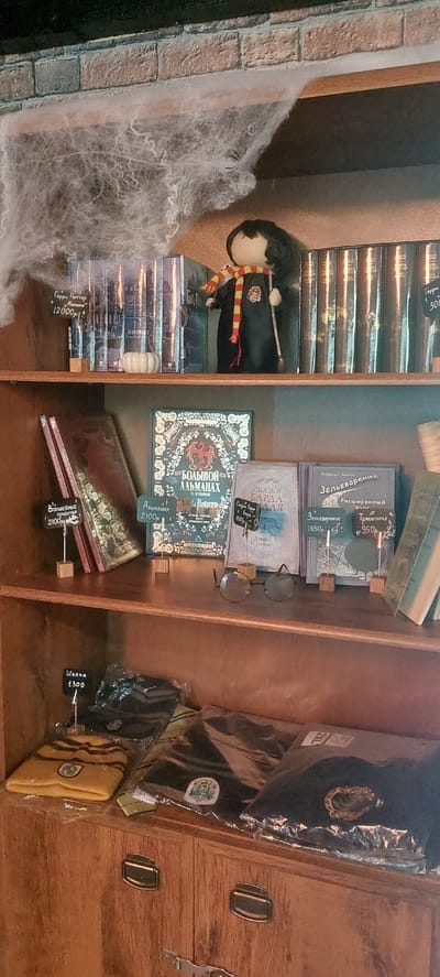 This image displays a shelf in what appears to be a retail setting, possibly a shop in Berdsk municipality, Russia, with merchandise related to the Harry Potter franchise. The top shelf features a line of books with the Harry Potter branding, a doll dressed in a wizard's robe and scarf, and artificial spiderwebs draped across the top of the shelf. Below this, the middle shelf holds more books, including titles like "Большой Альманах" (Big Almanac) and "Сказки Барда Билла" (Tales of Bard Bill), along with a pair of round glasses and several smaller decorative signs with prices. The bottom shelf showcases clothing items, including a yellow and black striped beanie with an emblem, and other dark colored apparel packaged in plastic. The furniture is made of wood, and the background includes a brick wall.