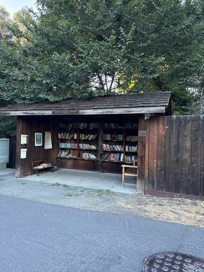 The image shows an outdoor lending library situated in Diablo, California, United States of America. The library is housed in a wooden structure with a shingled roof, featuring open shelving filled with books. To the left of the library, there is a small park bench with some items on it, and two mailboxes mounted on the wall. To the right, there is a wooden fence and a wooden chair inside the library. The library is surrounded by greenery, with trees in the background and a paved pathway in the foreground. The overall scene depicts a community amenity in a natural setting.