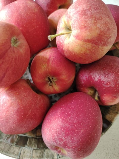 A close-up, overhead shot captures a heaping pile of red apples in a shallow bowl. The apples are plump and round, with skin that ranges from a deep crimson to a lighter pinkish-red, speckled with small white lenticels. Some apples show streaks of yellow or green, suggesting they are ripe. The texture of the apple skin appears smooth and slightly waxy. The arrangement of the apples is natural, with some overlapping and others nestled closely together. The bowl itself is visible at the bottom of the frame, appearing to be made of a mosaic-like material with shades of brown, grey, and white. The background is a plain, light-colored surface. The lighting is bright and diffused, indicating it's likely daytime, though no specific time can be determined. The focus is sharp on the apples, highlighting their vibrant colors and textures, with the background slightly blurred. There is no text visible in the image, and no people or animals are present. The scene is a simple still life of fruit, suggesting a domestic or market setting.