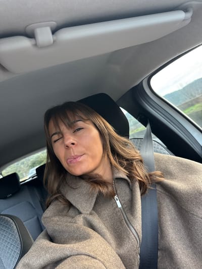 Inside a vehicle, a woman with dark hair and bangs wears a brown coat and a seatbelt. She rests her head on the headrest, eyes closed, with a slight pout. The car's interior includes a light gray sun visor and a patterned seat. Outside the car window, blurry greenery suggests the vehicle is in motion or parked near foliage.