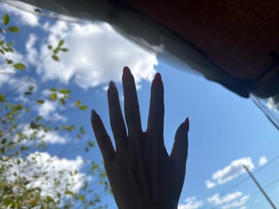 A close-up, silhouetted shot of a person's hand, held up against a bright blue sky filled with fluffy white clouds and scattered green foliage. The hand has five fingers spread open, each with painted fingernails. The thumb, index, and middle fingers have glittery silver polish with small black dots, while the ring and pinky fingers are painted a vibrant red. The palm of the hand is partially visible, showing creases and texture. The background consists of a clear blue sky, with green leaves and branches of trees visible on the left side. A dark, amorphous shape, possibly part of a car or canopy, is visible at the top of the image, obscuring a portion of the sky. The scene appears to be outdoors, with natural light illuminating the sky and foliage. There are no discernible Yalguba, Russia-specific features in the image.