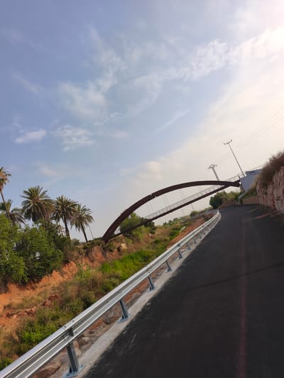 The image captures a modern pedestrian bridge arching over a dry riverbed or ravine. The bridge has a dark, curved metal structure supporting a walkway. To the left of the bridge, several palm trees and lush green foliage are visible, growing on an embankment. A paved road with a metal guardrail runs alongside the lower part of the image, curving to the right. The road appears new, with fresh asphalt. In the background, a power line tower and poles are present, along with a section of a stone wall on the right. The sky is partially cloudy and a soft light suggests it is either early morning or late afternoon. Based on available data, this scene is located in Alcàsser, Spain, specifically at the recently inaugurated pedestrian bridge over the barranco (ravine). There are no people visible in the image.