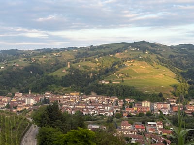The image captures a panoramic view of Santo Stefano Belbo, Italy, nestled amidst rolling hills and vineyards. The town itself is a dense collection of buildings, mostly residential, with red-tiled roofs and varied architectural styles. A road winds into the town from the lower left corner of the image, bordered by vineyards. The hills surrounding the town are covered with vineyards, interspersed with patches of forest. Sunlight highlights certain areas of the vineyards, creating a play of light and shadow across the landscape. The sky is partially cloudy.