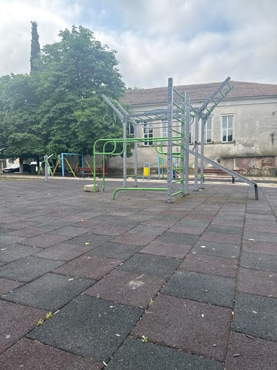 This image captures an outdoor fitness area in Troyanovo, Bulgaria, under an overcast daytime sky. The main subject is a multi-station fitness or calisthenics structure, predominantly gray with bright green accents on its various bars, rings, and supports. The equipment is designed for bodyweight exercises, featuring horizontal and vertical bars at different heights.
The ground beneath the fitness equipment consists of dark gray and black rubber safety tiles, showing some wear and scattered natural debris such as small leaves and twigs.
In the background, a two-story building with a reddish-brown tiled roof and weathered concrete walls stands. It features multiple rectangular windows with white frames. To the left, a large, dense tree with dark green foliage dominates the mid-ground, while a taller, thinner tree is visible further in the distance against the cloudy sky. Beyond the primary fitness structure and trees, parts of a colorful children's play structure (featuring blue, yellow, and red elements), a wooden bench, and a green garbage bin are faintly visible.
No people are present in the scene, and there is no specific activity taking place, giving the area a quiet, unoccupied appearance. No discernible text is visible on any objects.