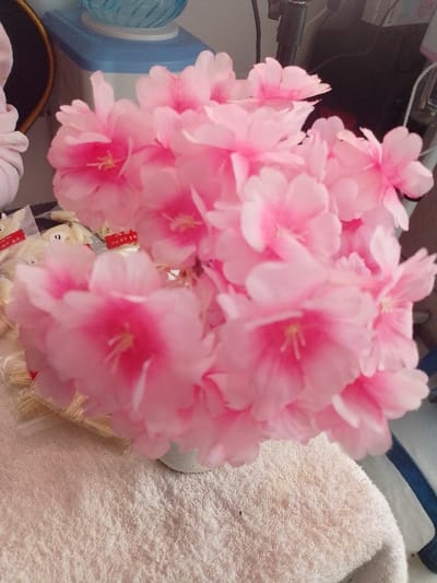 The scene, located in Limuru Central ward, Kenya, captures a dense arrangement of artificial pink flowers in a static, indoor setting. The flowers feature multiple light pink petals with distinct brighter pink centers containing yellow-white stamens. They are positioned in a small, light-colored cylindrical container, which rests on a textured, off-white fabric surface, likely a towel. To the left of the floral arrangement, several transparent plastic bags are visible, each containing numerous small, elongated, light-colored objects consistent with artificial fingernails. Some of these bags bear red labels with white text, including the numeral "9." The background to the left includes a dark, curved object, possibly a mirror or frame, and a soft pink fabric element. Centrally behind the flowers, a blue and white object with a ribbed blue top section, resembling a small appliance or dispenser, is present. Indistinct dark shapes suggesting additional equipment are visible in the far background to the right. No individuals, actions, or interactions are depicted.