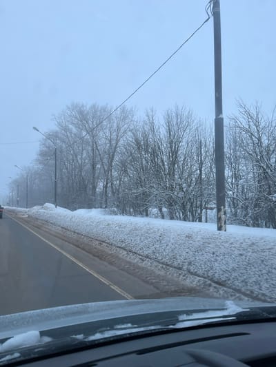 The image displays a winter road scene in Yasenevo, Russia, viewed from inside a vehicle. A two-lane asphalt road, dark and wet, occupies the foreground and recedes into the distance, marked by a faded yellow dividing line. Along both sides of the road, prominent snowbanks are visible; the snow closer to the pavement is mixed with brown slush and dirt. Beyond these snowbanks, a dense line of bare deciduous trees, lightly dusted with snow, extends along the right side of the road and into the background. Multiple streetlights on dark poles are positioned along the left side of the road, while a single, thicker dark utility pole with an overhead wire stands prominently on the right. The sky is uniformly overcast and light grey, contributing to a muted, hazy atmosphere. A dark-colored vehicle is partially visible far down the road in the left lane. The immediate foreground shows the dark dashboard and the base of the windshield of the photographing vehicle, with minor accumulations of snow. No people are present in the scene.